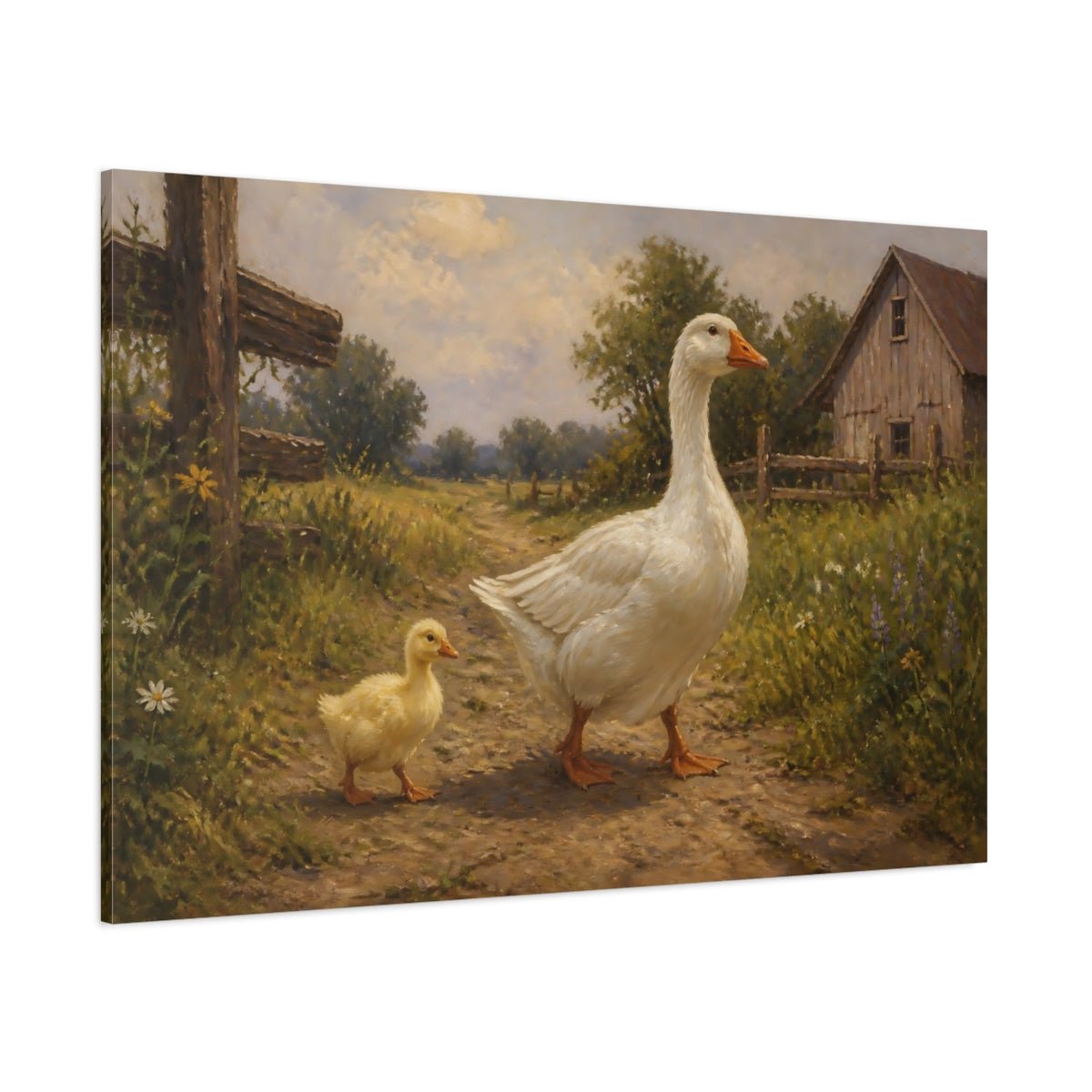 Farm Animals Goose Pair Canvas Print – Living Room, Above Console Table, Muted Greens & Warm Beige - YesArtYes