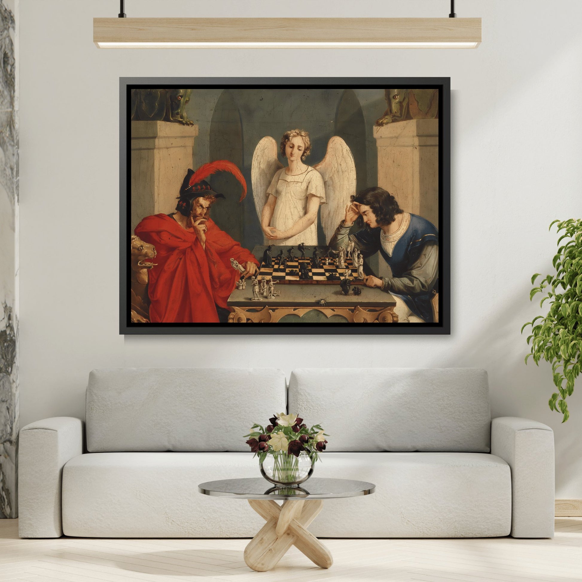 Faust and Mephistopheles Playing Chess - Framed Canvas Wall Art Print in Black Pinewood Frame