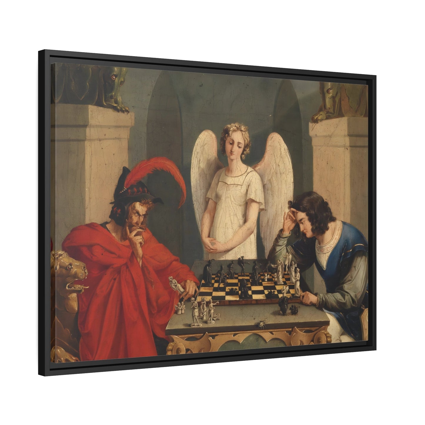 Faust and Mephistopheles Playing Chess - Framed Canvas Wall Art Print in Black Pinewood Frame