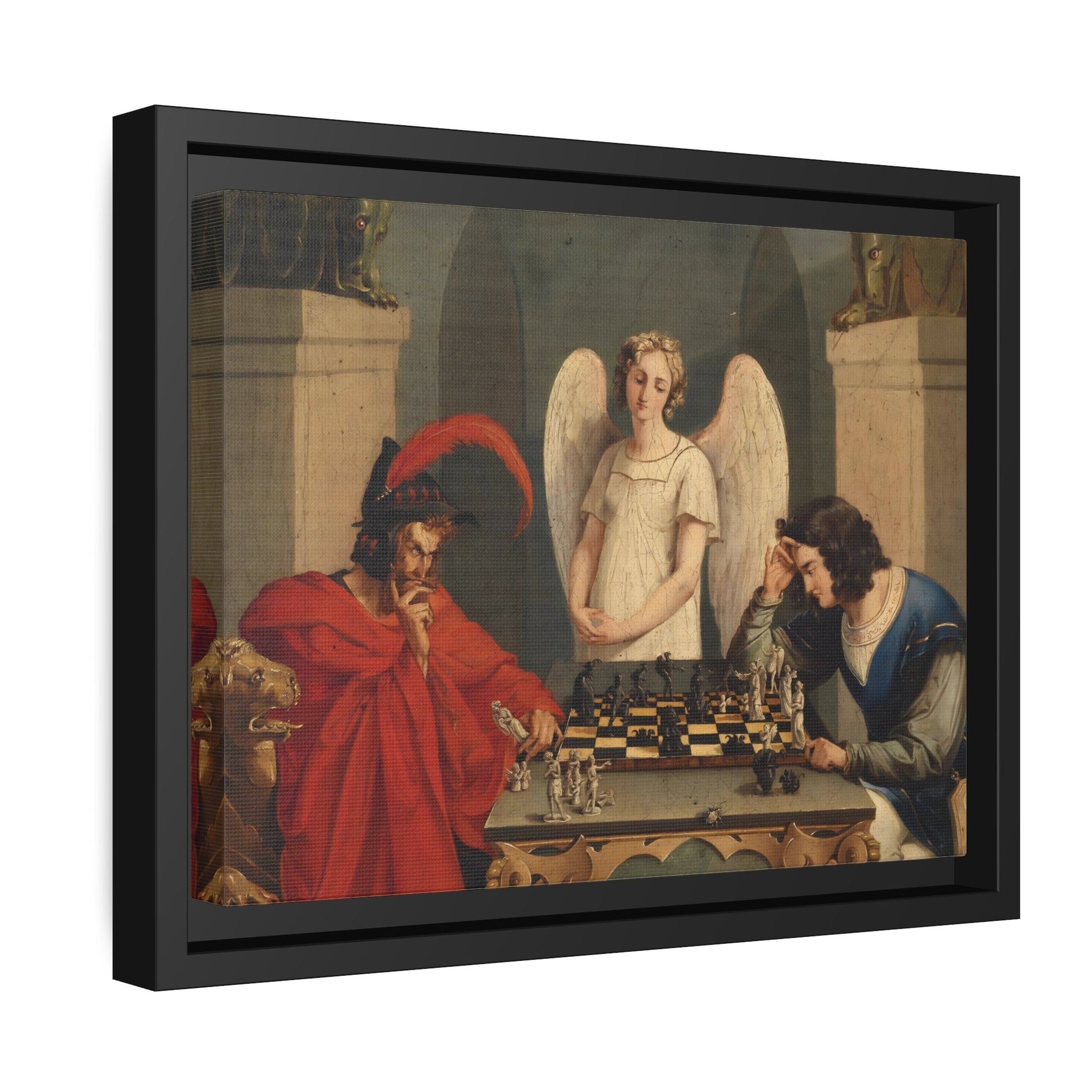 Faust and Mephistopheles Playing Chess - Framed Canvas Wall Art Print in Black Pinewood Frame