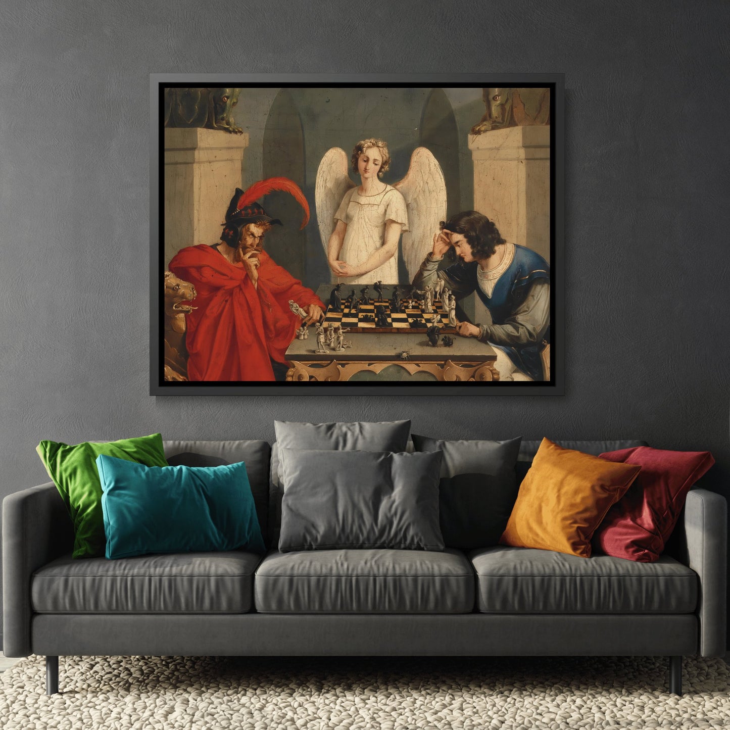 Faust and Mephistopheles Playing Chess - Framed Canvas Wall Art Print in Black Pinewood Frame