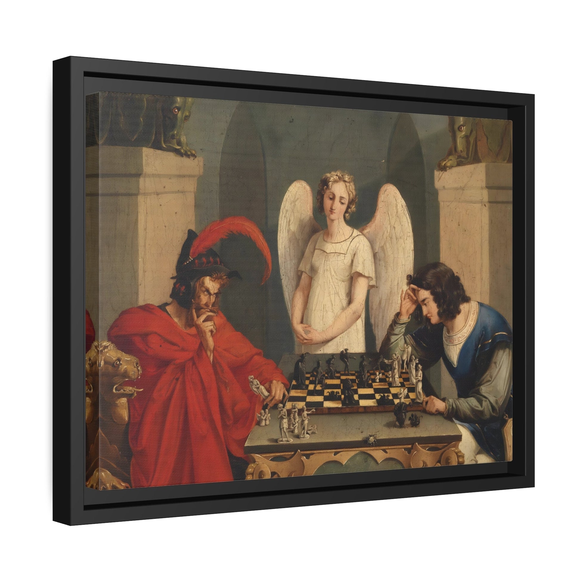 Faust and Mephistopheles Playing Chess - Framed Canvas Wall Art Print in Black Pinewood Frame