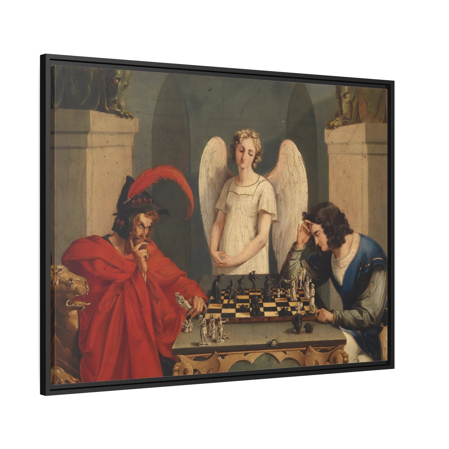 Faust and Mephistopheles Playing Chess - Framed Canvas Wall Art Print in Black Pinewood Frame