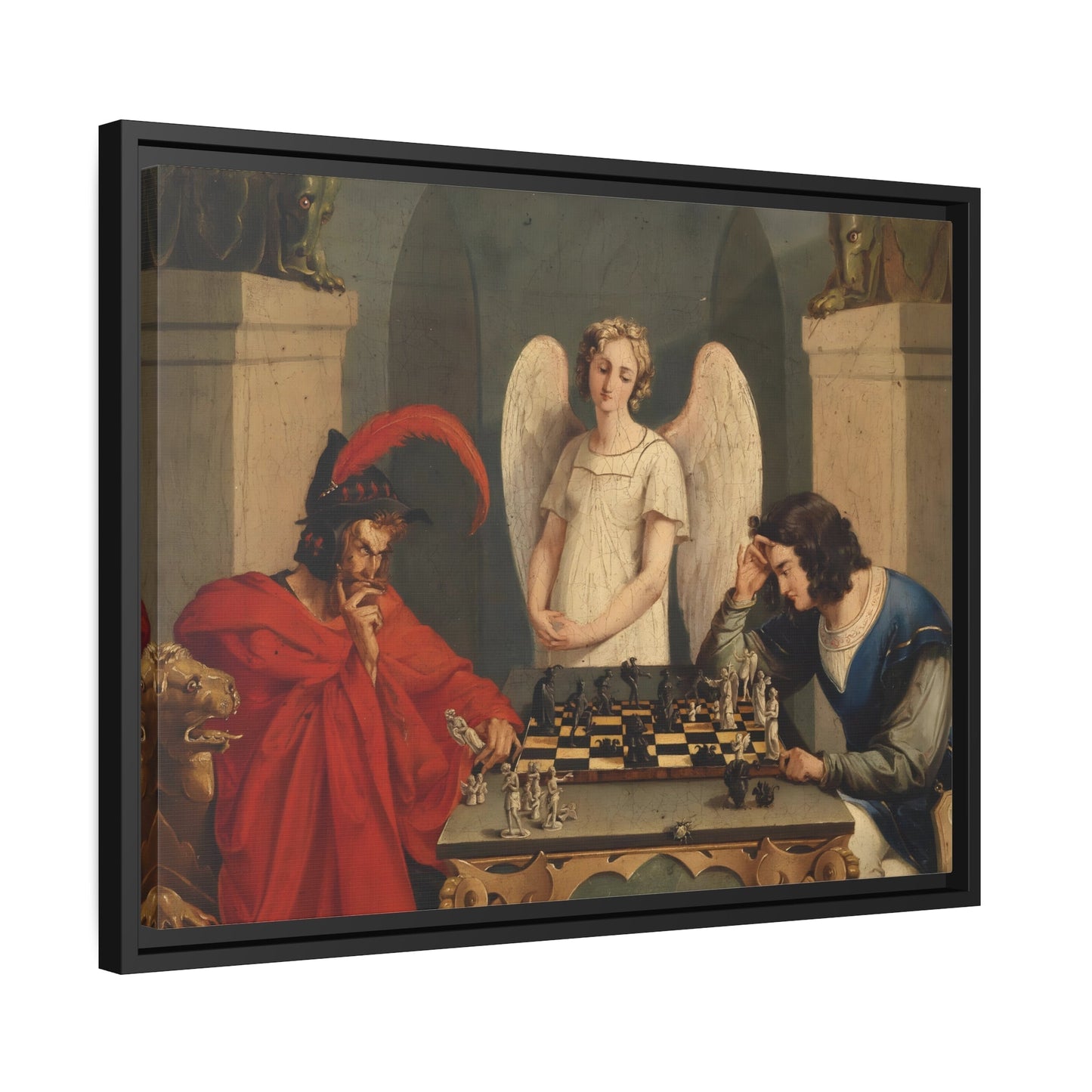 Faust and Mephistopheles Playing Chess - Framed Canvas Wall Art Print in Black Pinewood Frame