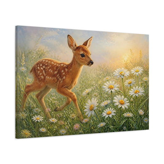 Main Mockup. Fawn In Daisy Meadow shown as canvas print
