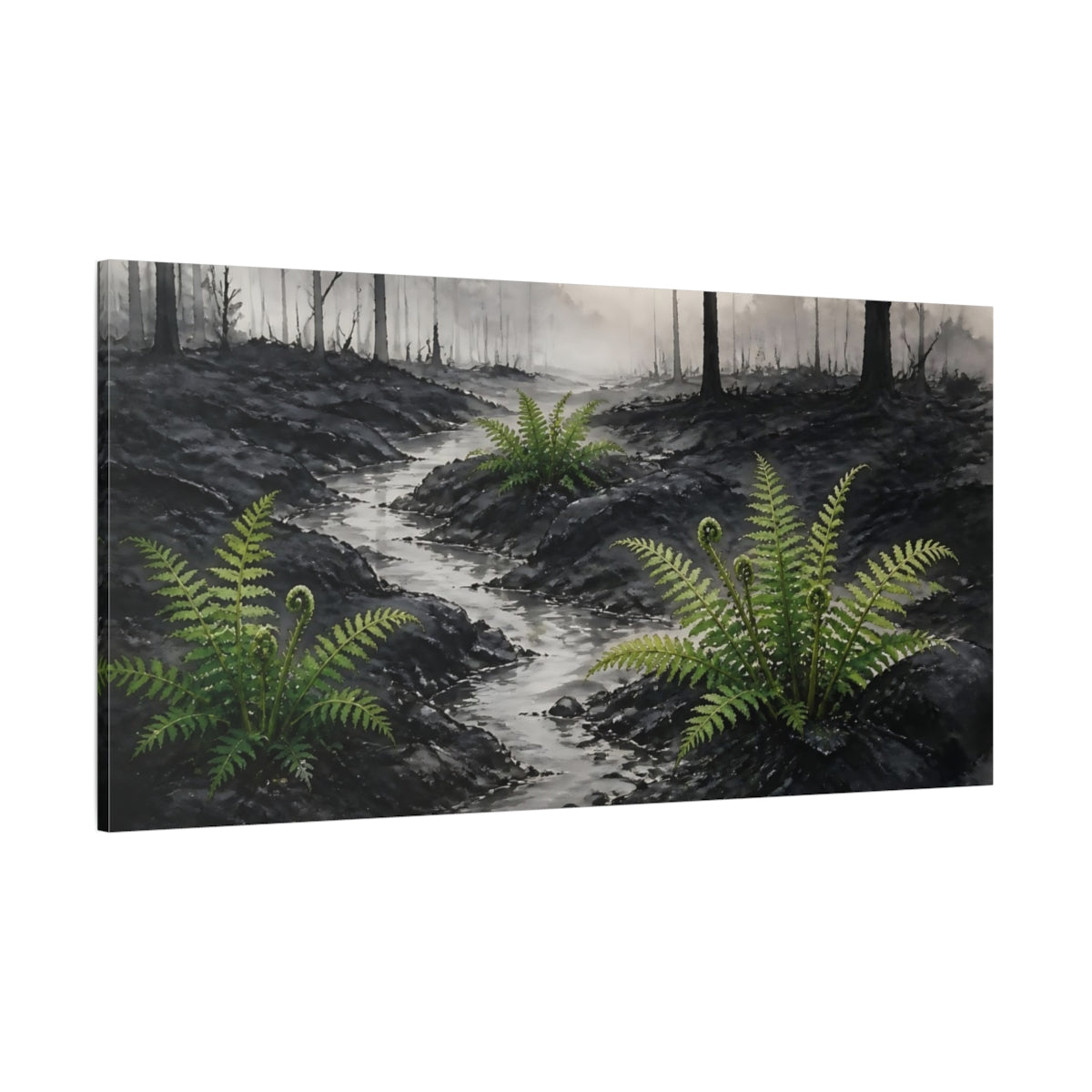 Side Mockup 2. Fern Revival In Ash shown as canvas print