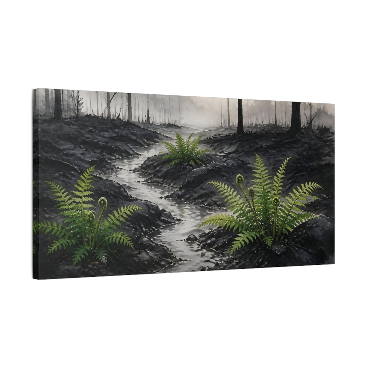 Side Mockup 1. Fern Revival In Ash shown as canvas print