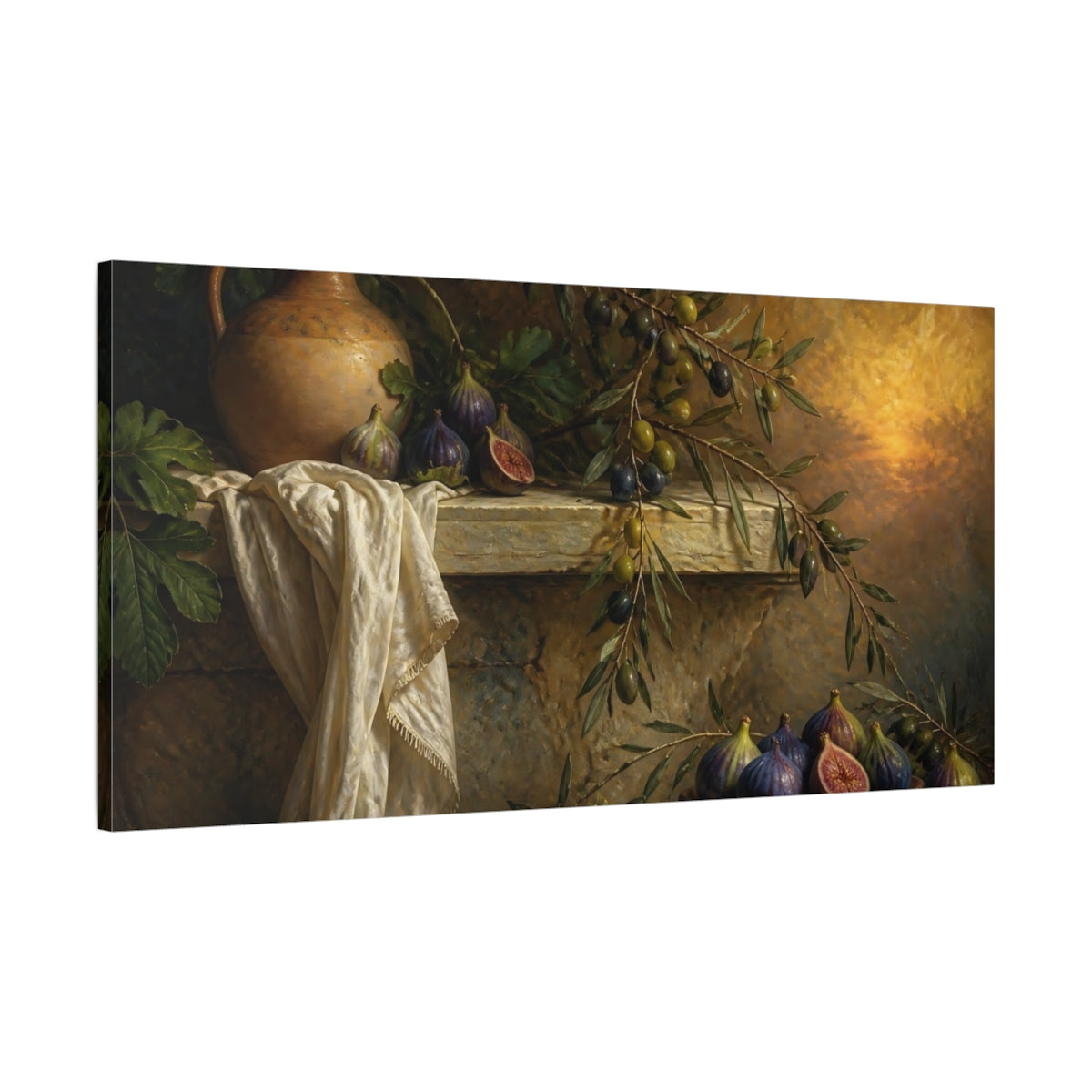 Main Mockup. Fig And Olive Still Life shown as canvas print