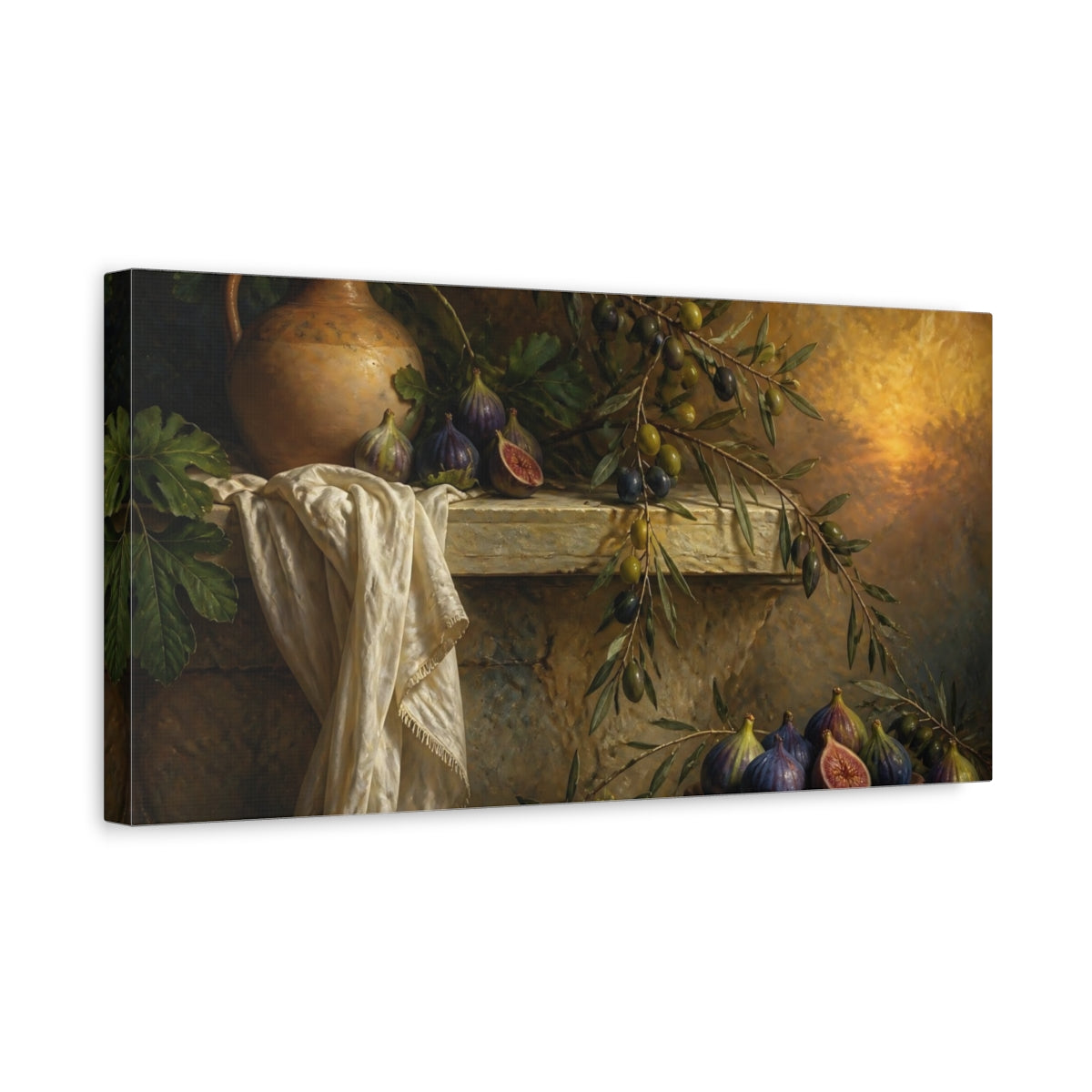 Side Mockup 3. Fig And Olive Still Life shown as canvas print