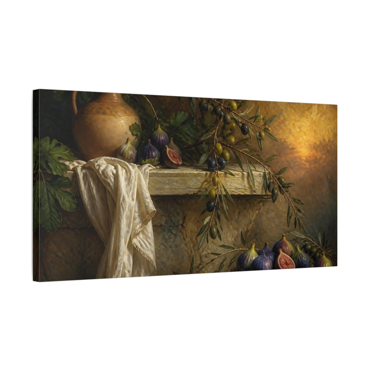 Side Mockup 1. Fig And Olive Still Life shown as canvas print