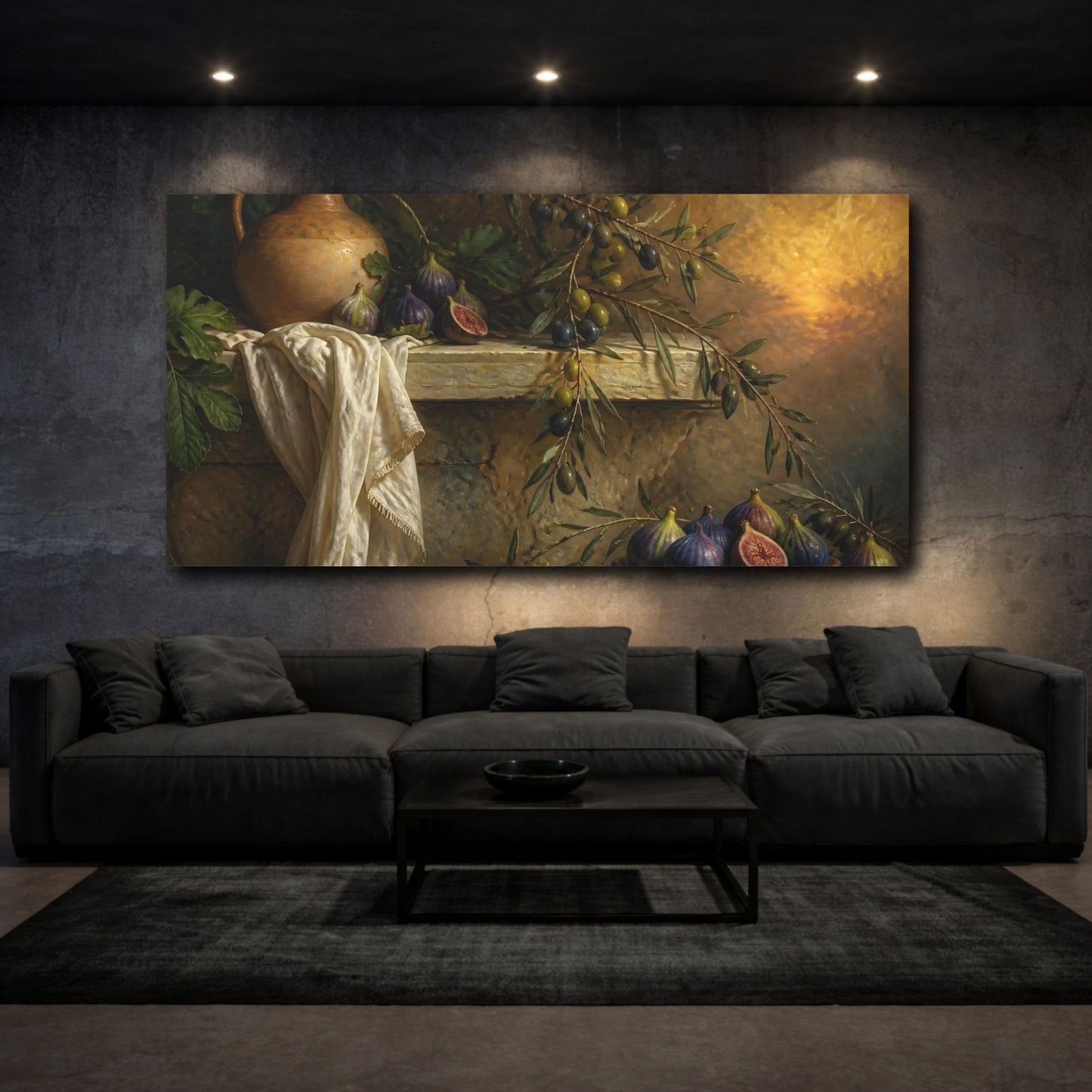 Mockup 3. Fig And Olive Still Life shown as canvas print