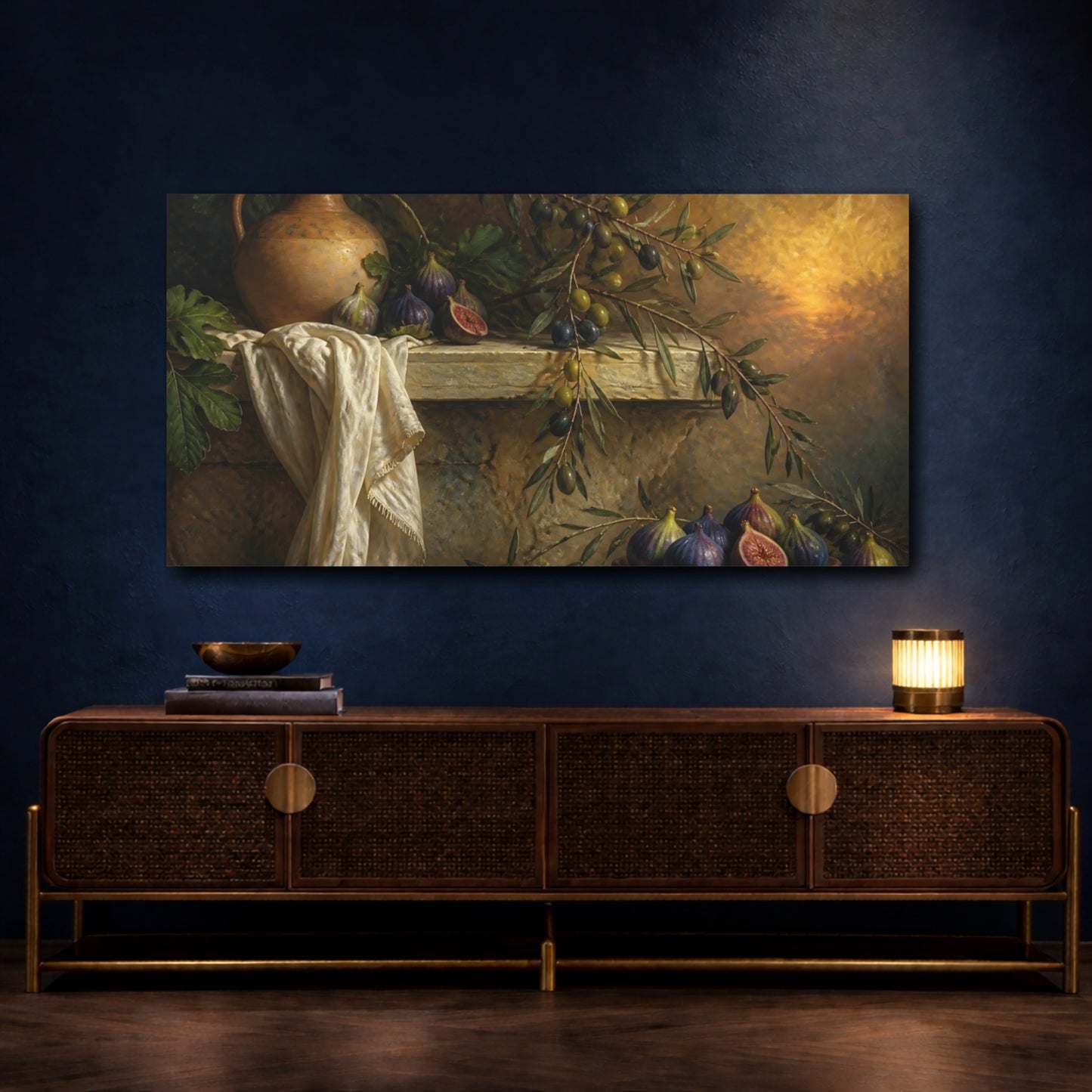 Mockup 4. Fig And Olive Still Life shown as canvas print