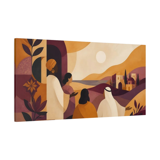 Main Mockup. Figures At Sunset Village shown as canvas print