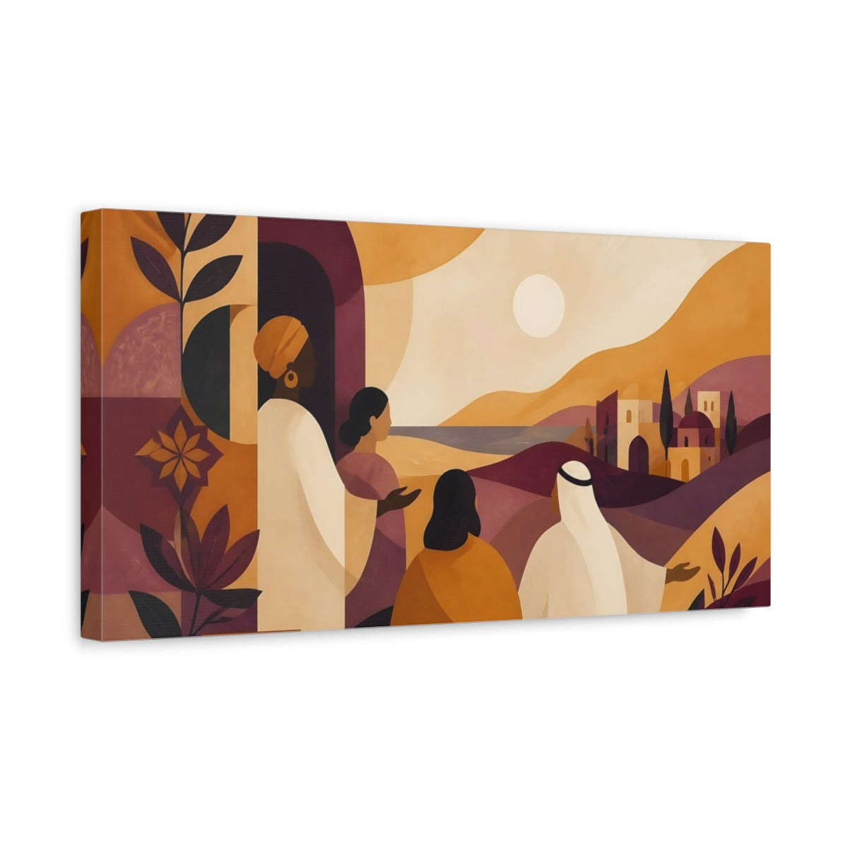 Side Mockup 3. Figures At Sunset Village shown as canvas print