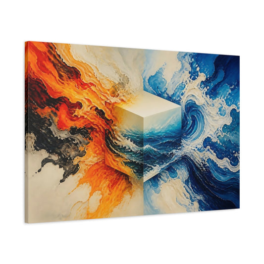 Main Mockup. Fire And Water Cube shown as canvas print