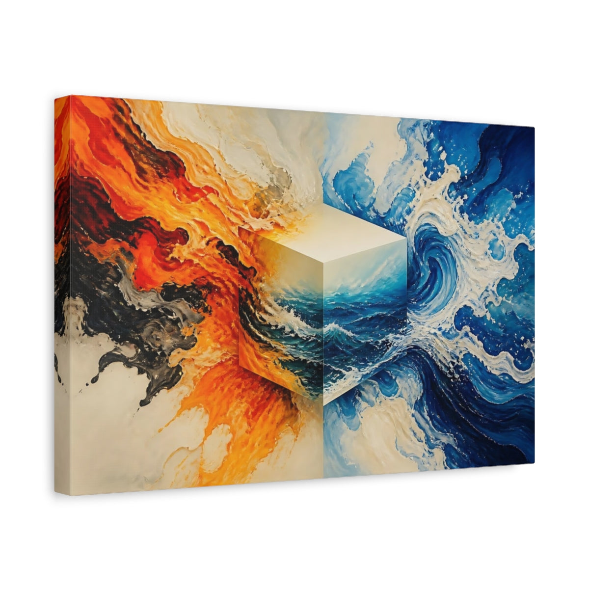 Side Mockup 4. Fire And Water Cube shown as canvas print