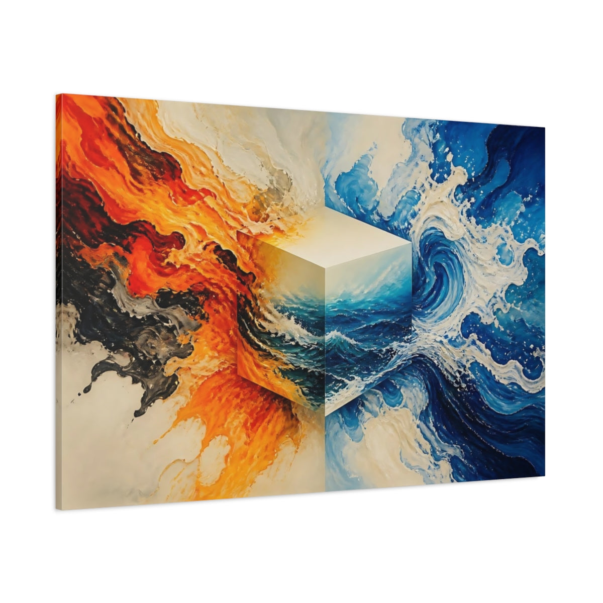 Side Mockup 1. Fire And Water Cube shown as canvas print