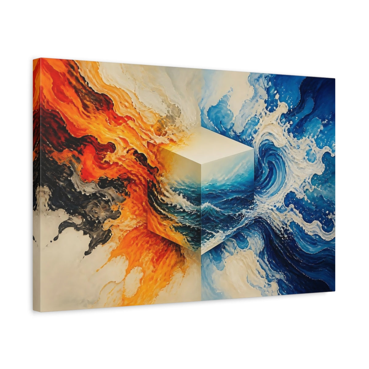 Side Mockup 3. Fire And Water Cube shown as canvas print