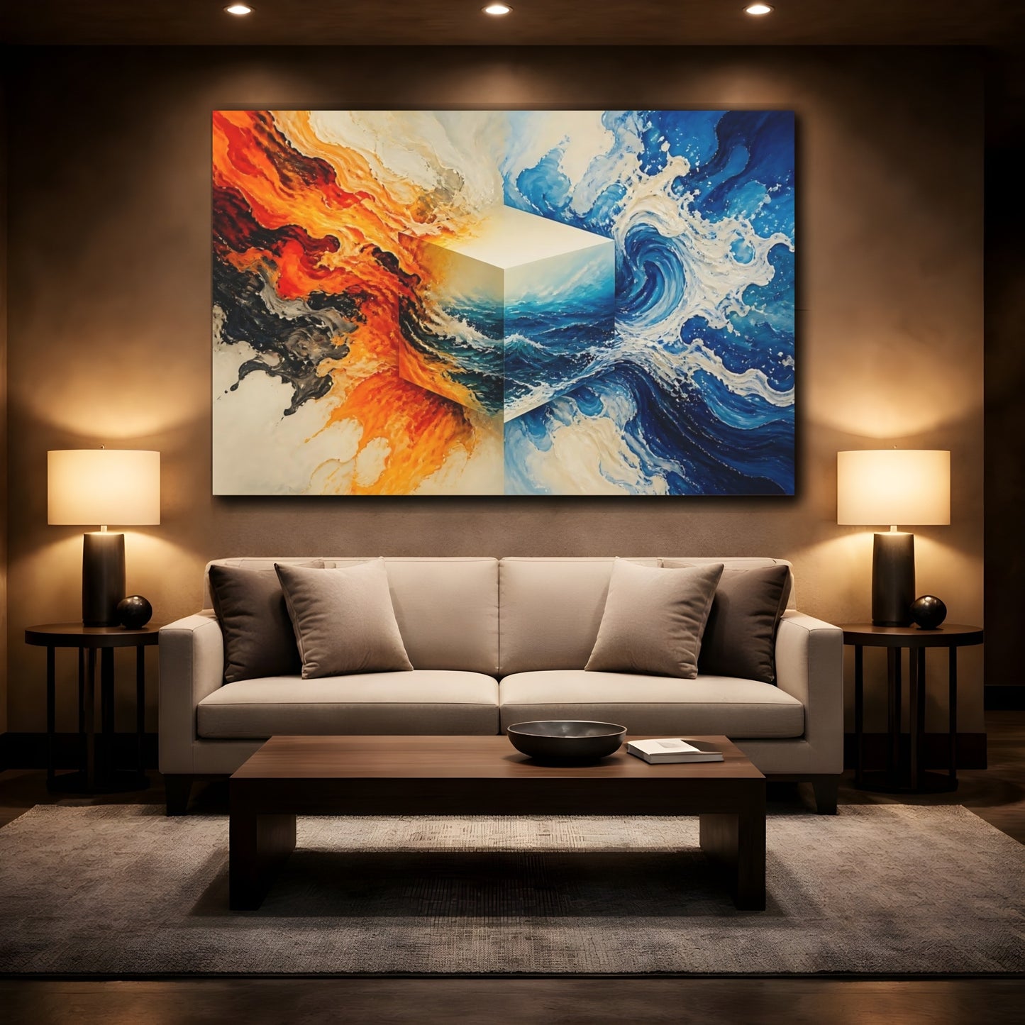 Mockup 2. Fire And Water Cube shown as canvas print