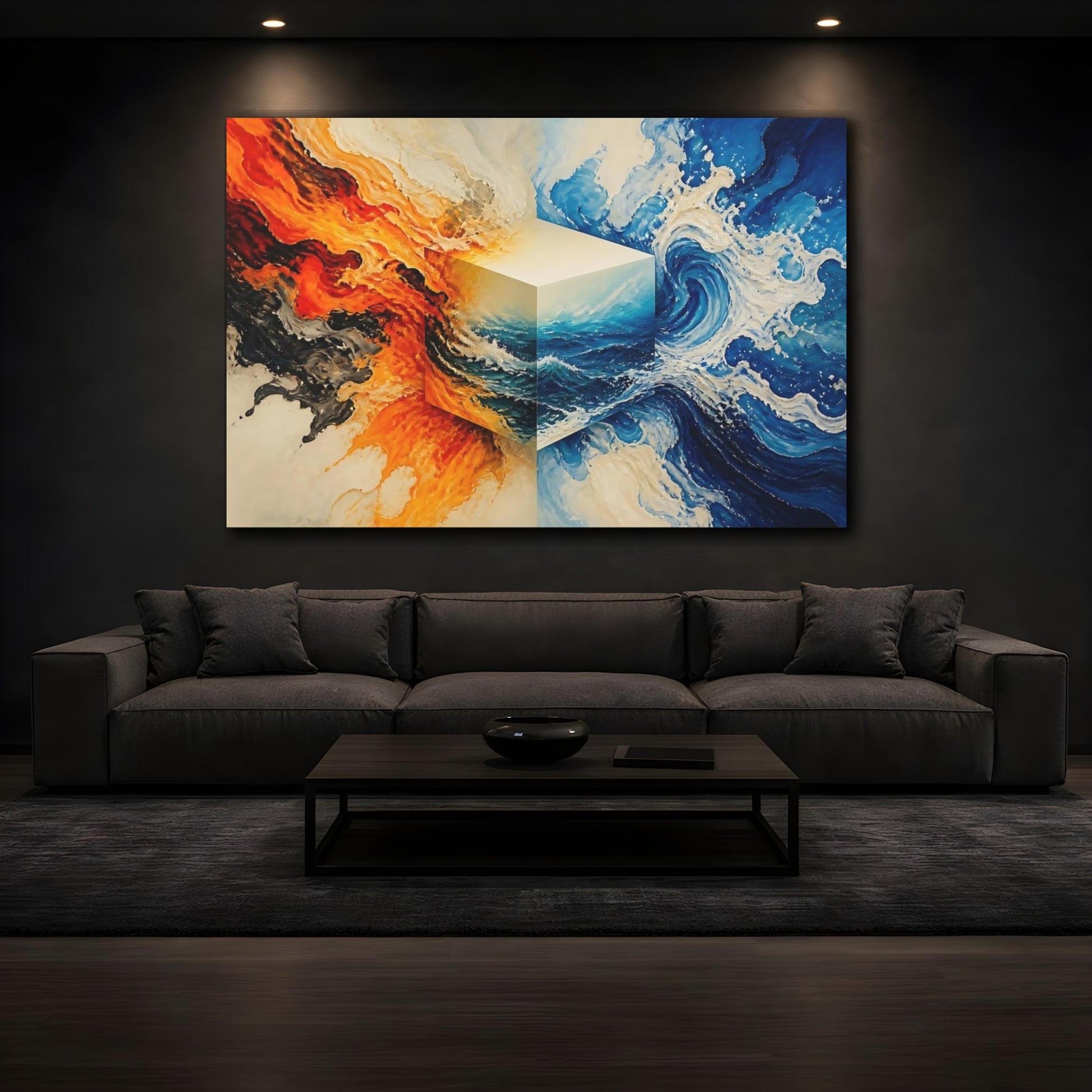 Mockup 3. Fire And Water Cube shown as canvas print
