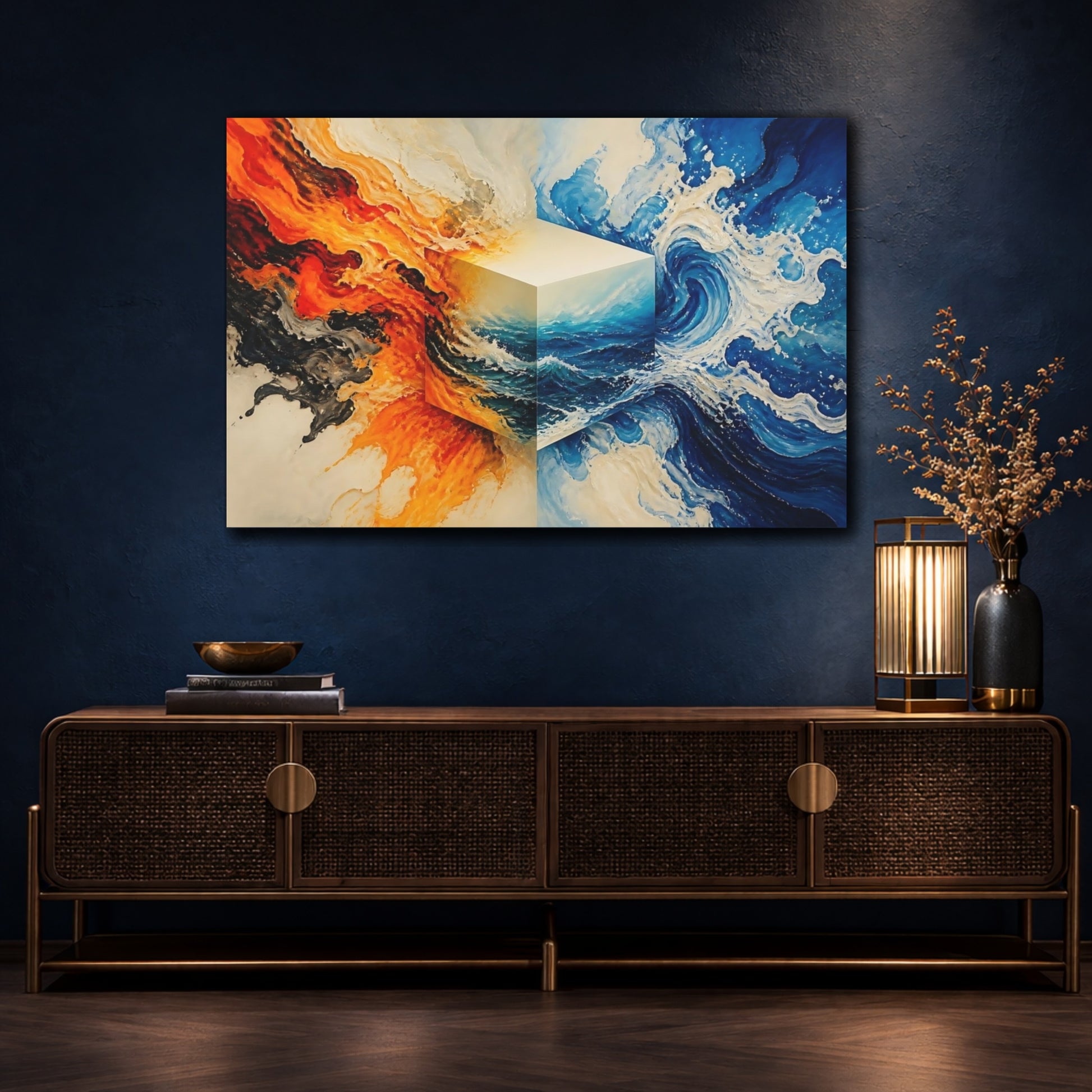 Mockup 4. Fire And Water Cube shown as canvas print