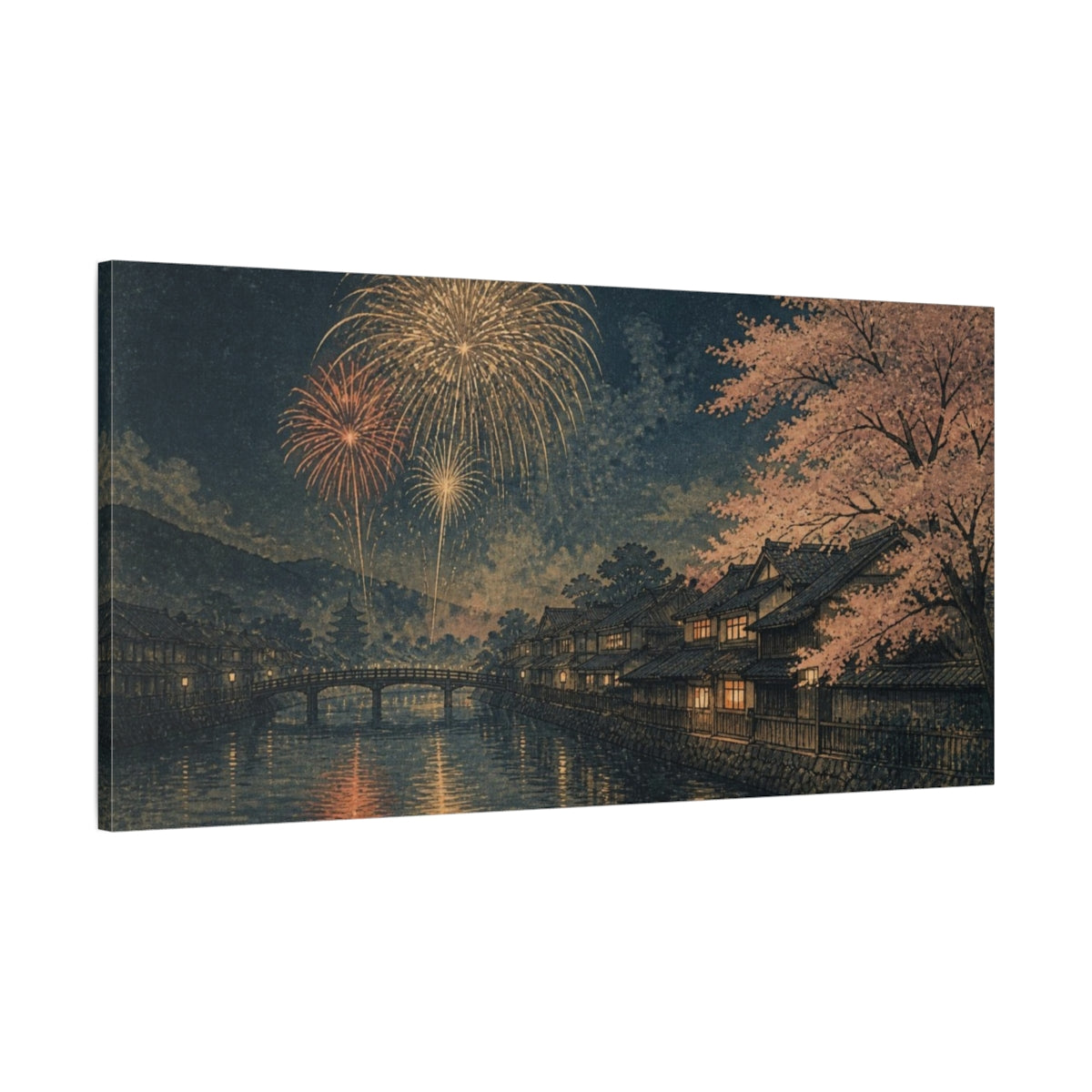 Main Mockup. Fireworks Over Cherry River shown as canvas print