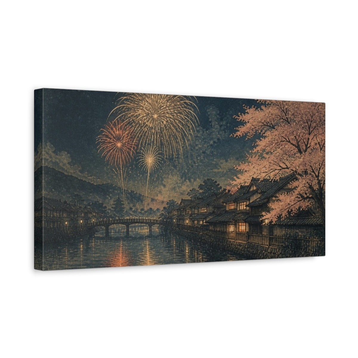 Side Mockup 3. Fireworks Over Cherry River shown as canvas print
