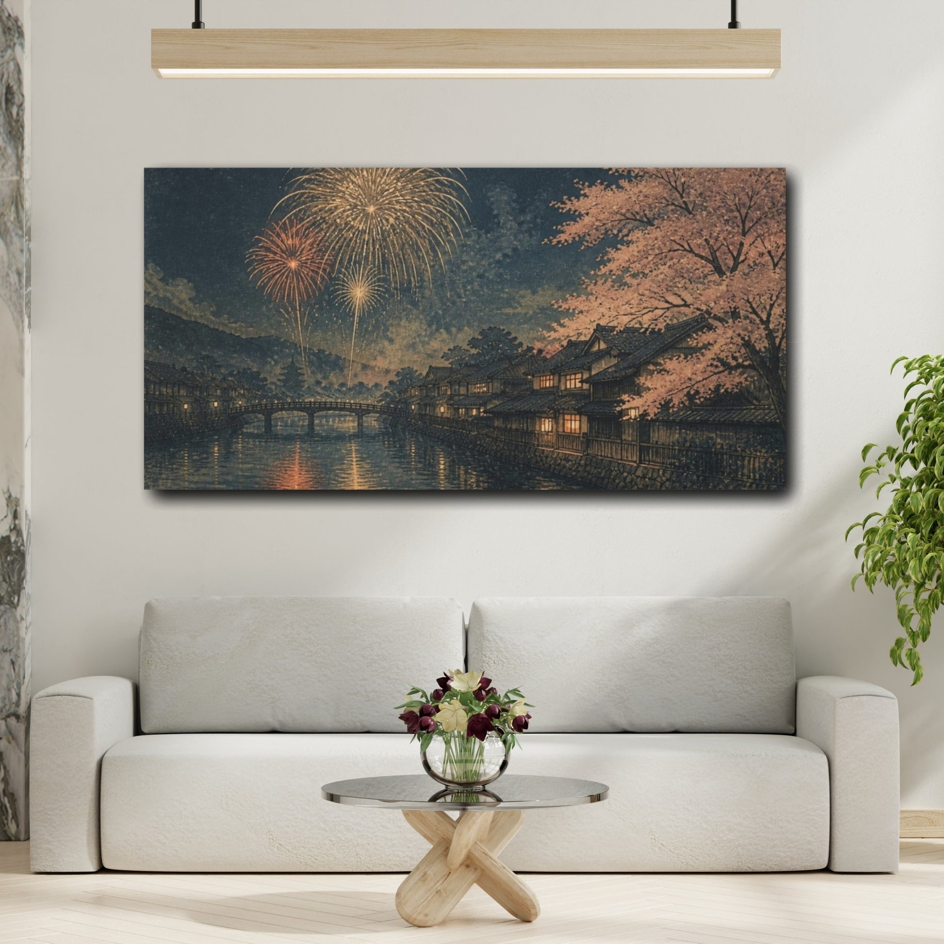 Mockup 2. Fireworks Over Cherry River shown as canvas print
