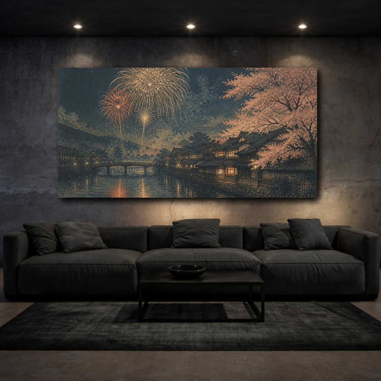 Mockup 3. Fireworks Over Cherry River shown as canvas print