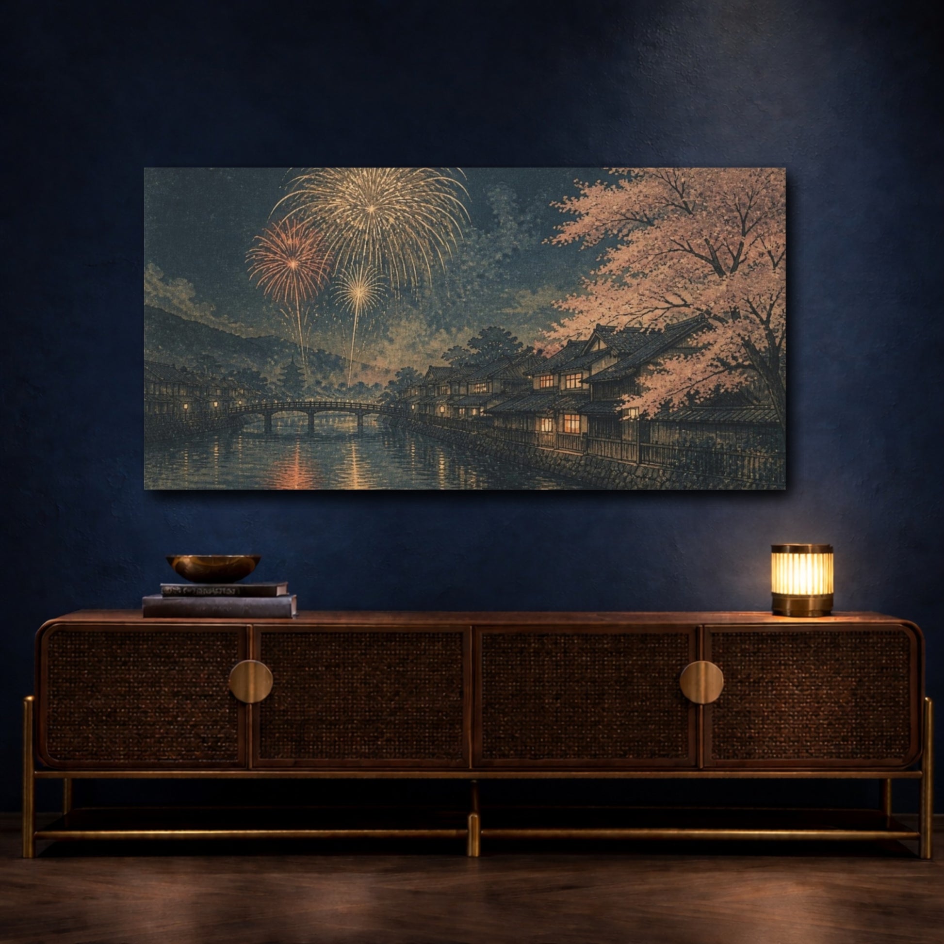 Mockup 4. Fireworks Over Cherry River shown as canvas print