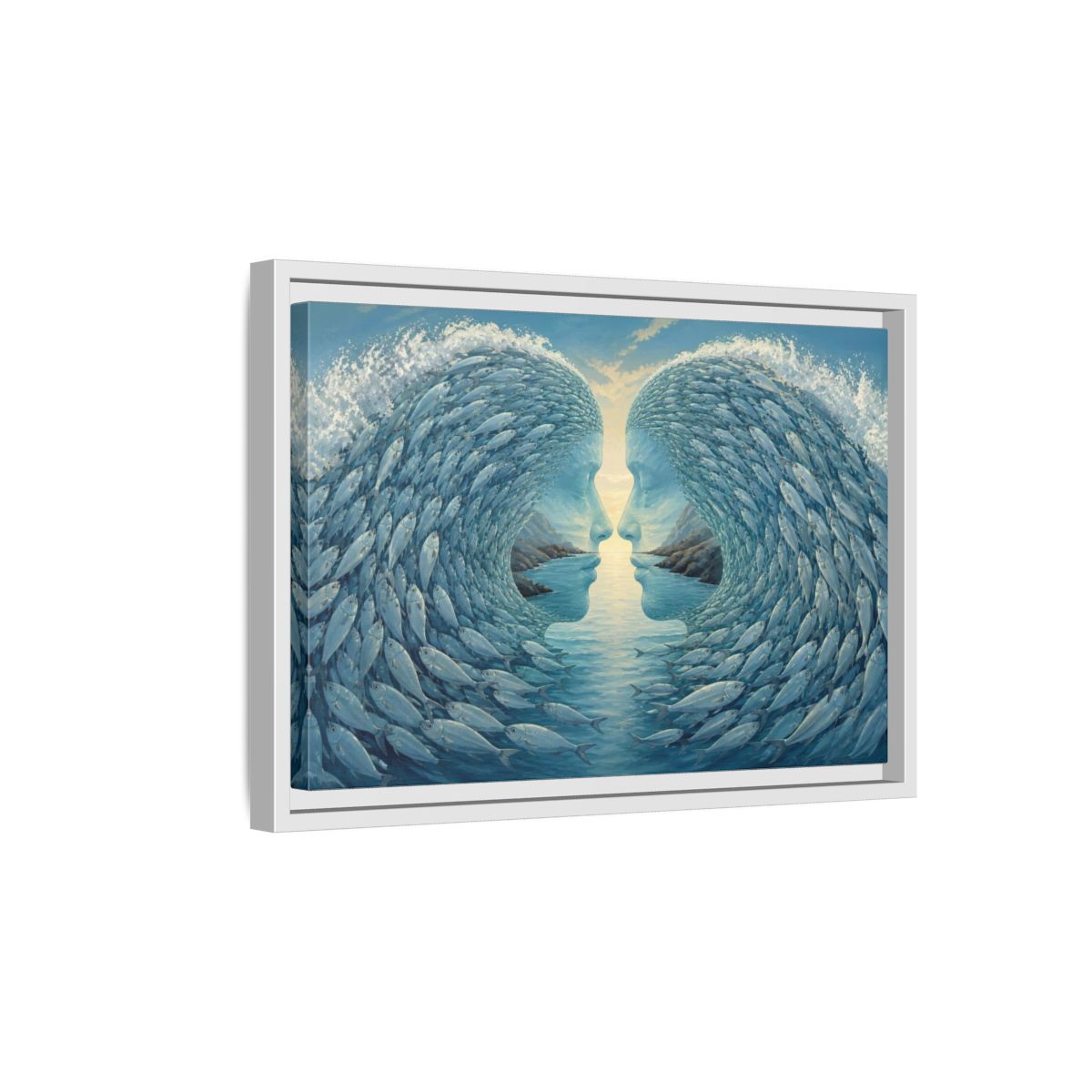 Side Mockup 4. Fish Wave Illusion shown as framed canvas print