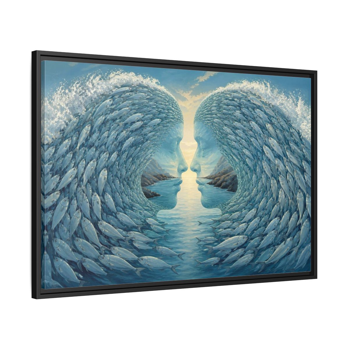 Side Mockup 13. Fish Wave Illusion shown as framed canvas print