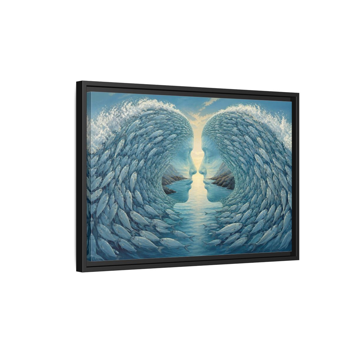 Side Mockup 3. Fish Wave Illusion shown as framed canvas print