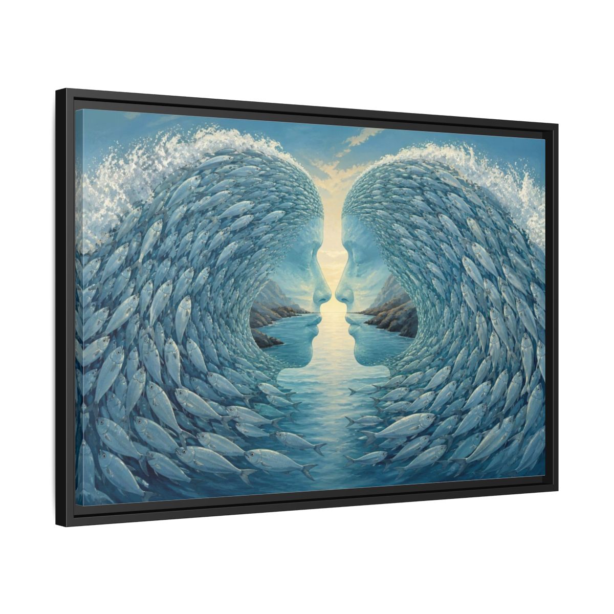 Side Mockup 14. Fish Wave Illusion shown as framed canvas print