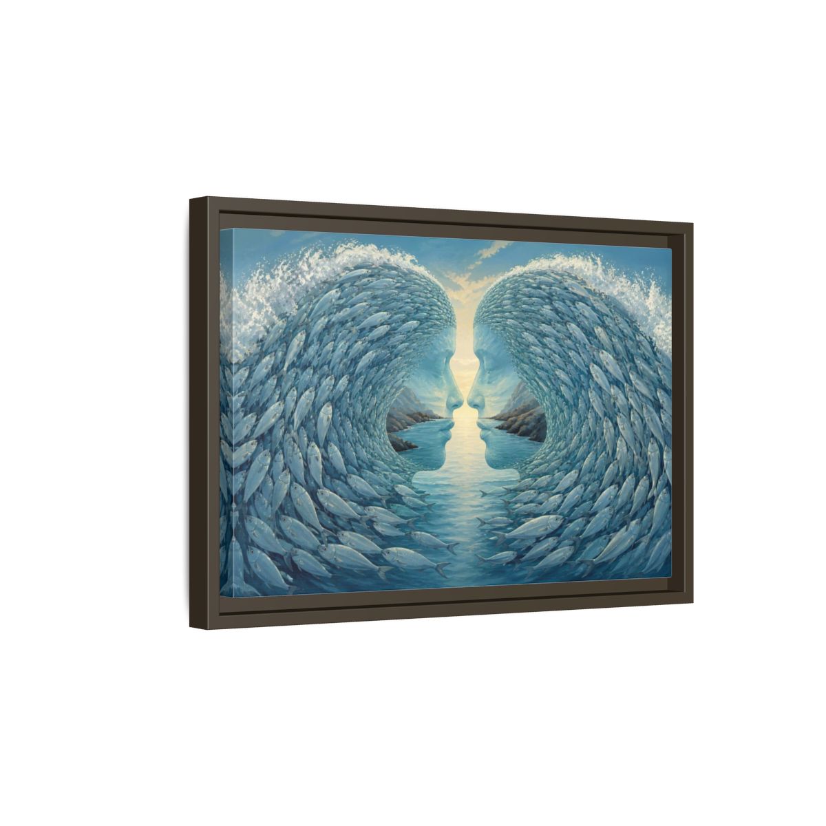 Side Mockup 5. Fish Wave Illusion shown as framed canvas print