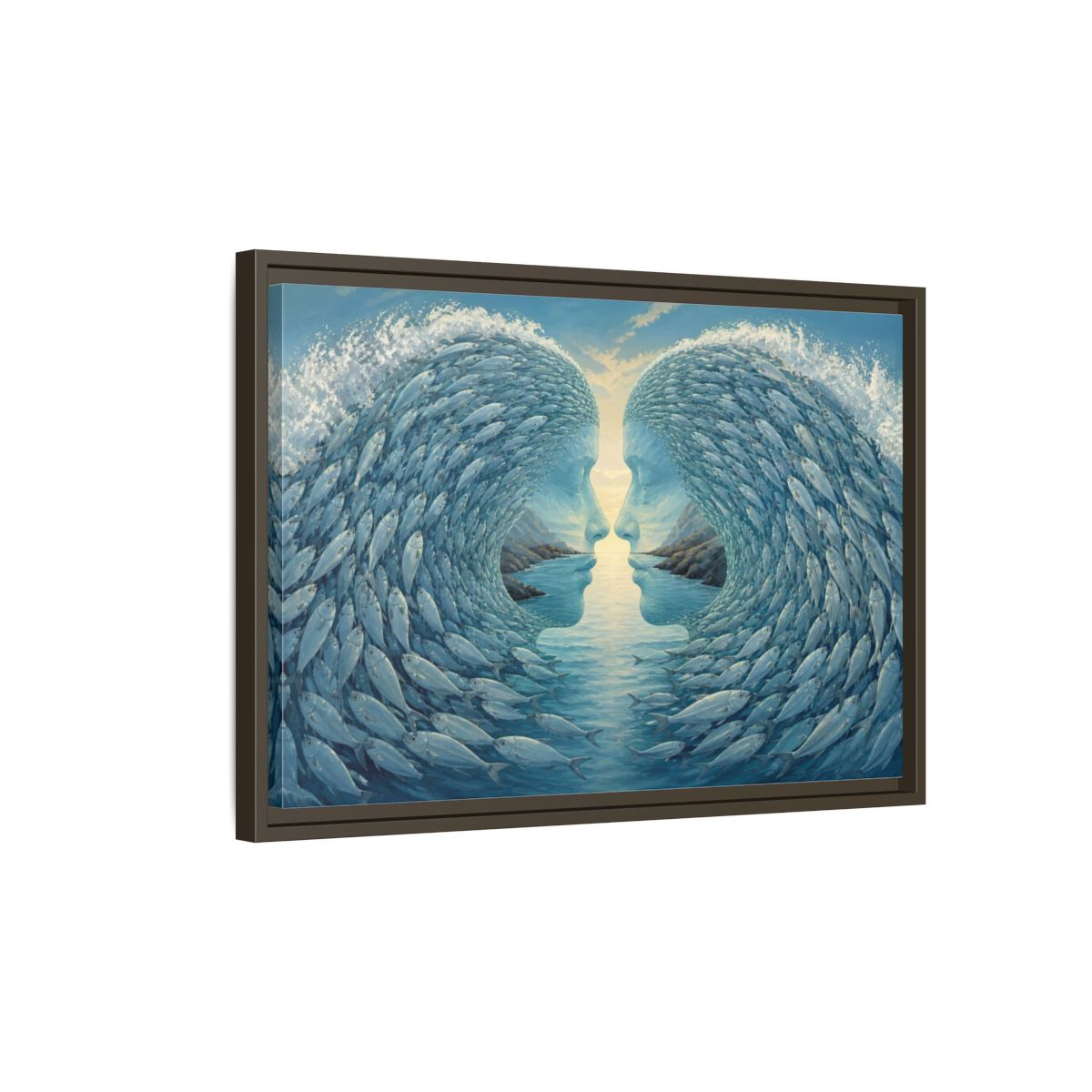 Side Mockup 2. Fish Wave Illusion shown as framed canvas print