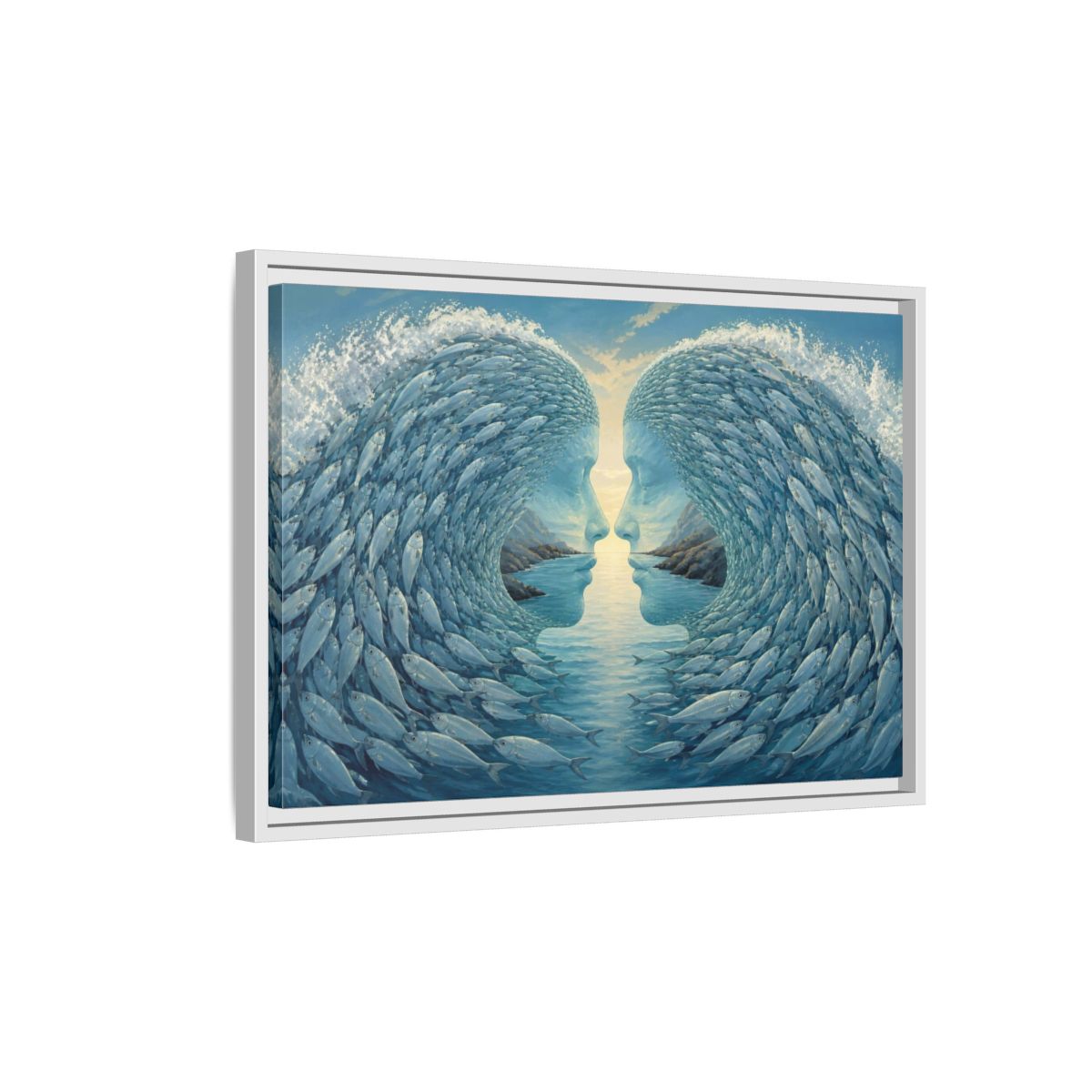 Side Mockup 1. Fish Wave Illusion shown as framed canvas print