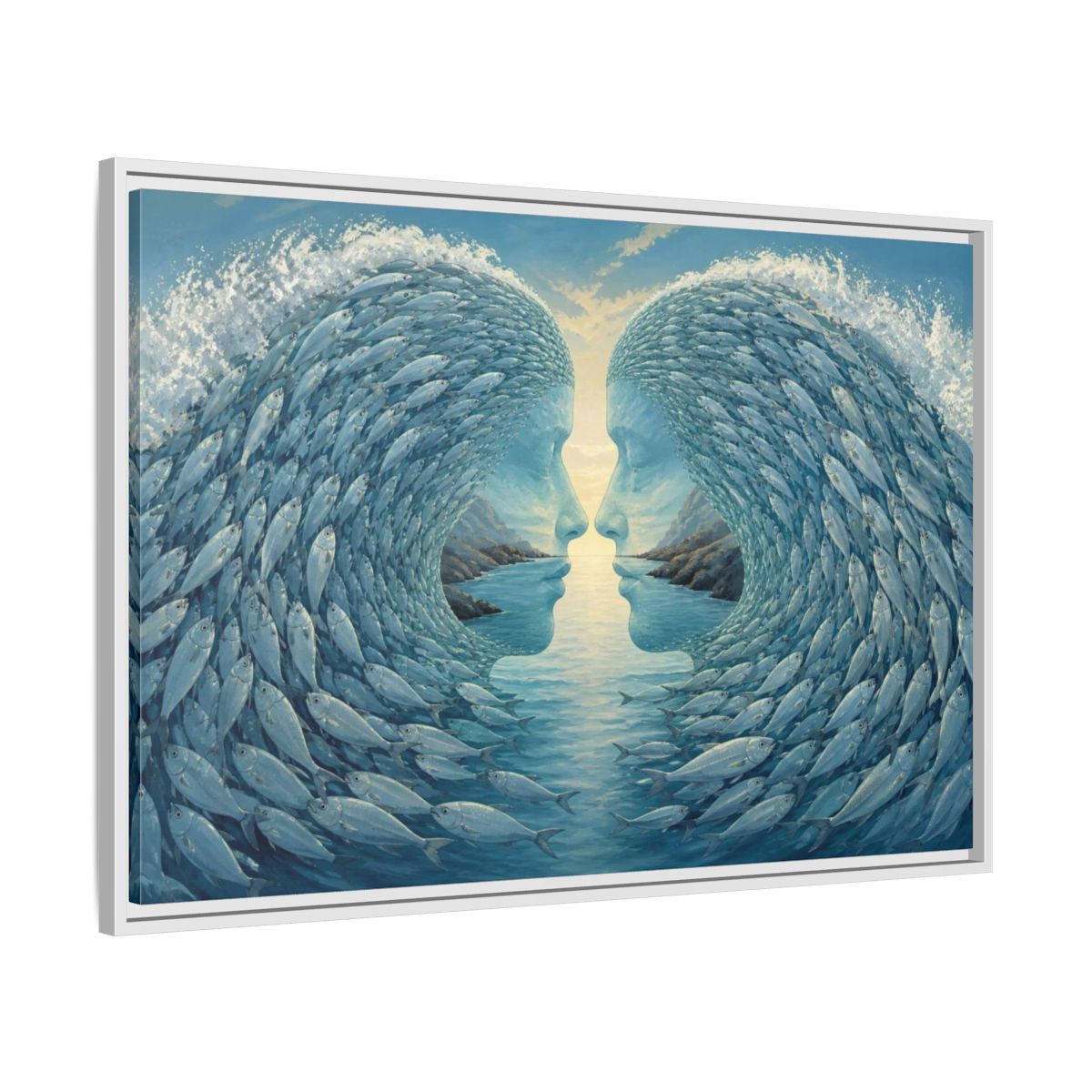 Side Mockup 9. Fish Wave Illusion shown as framed canvas print