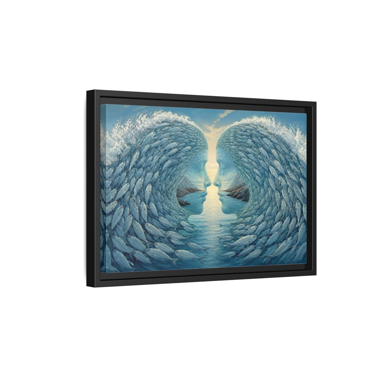 Side Mockup 6. Fish Wave Illusion shown as framed canvas print