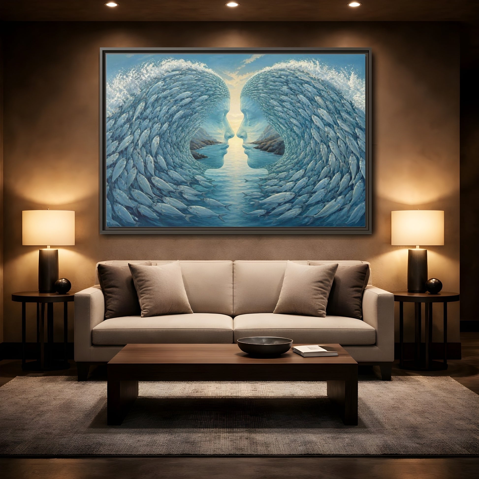 Mockup 2. Fish Wave Illusion shown as framed canvas print