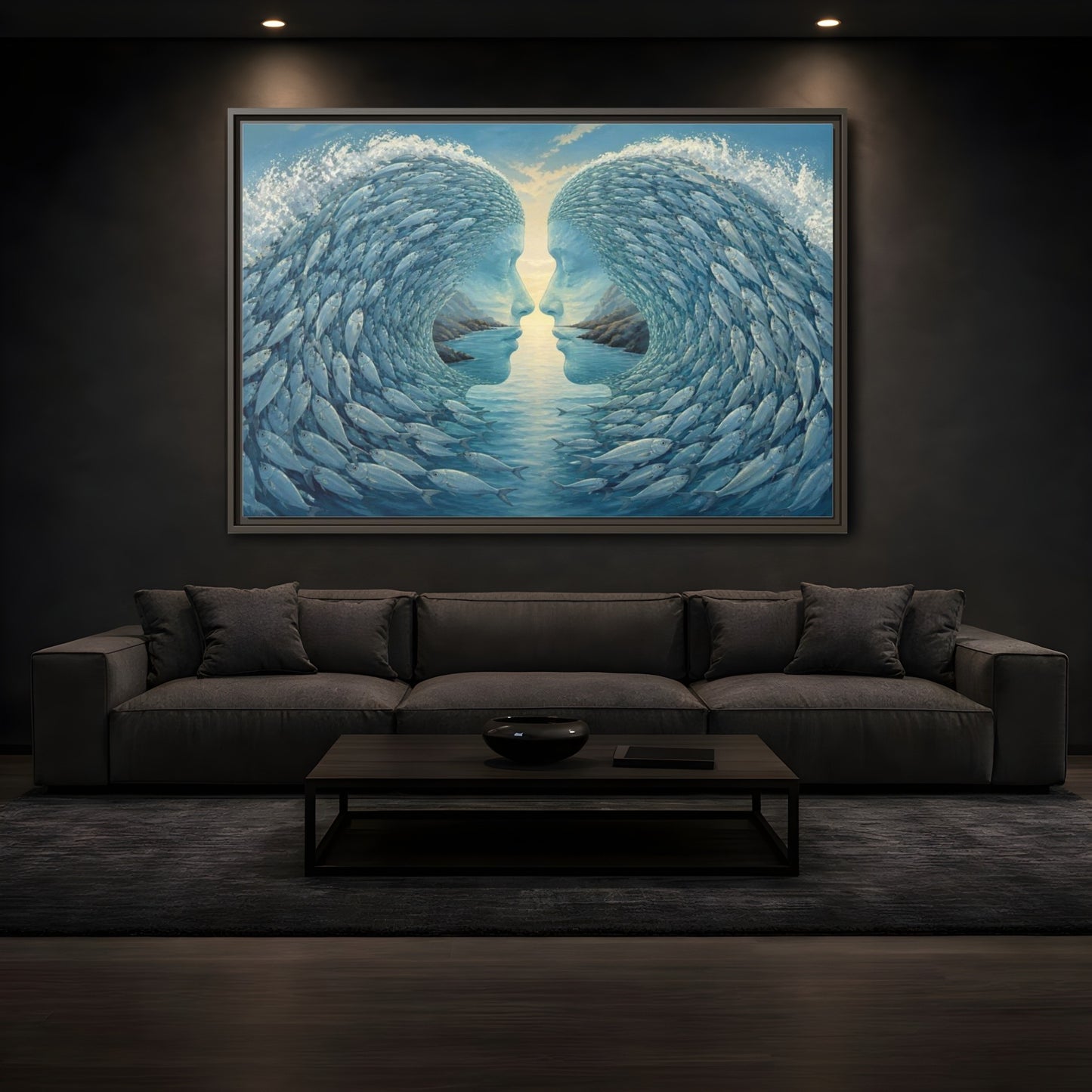 Mockup 3. Fish Wave Illusion shown as framed canvas print