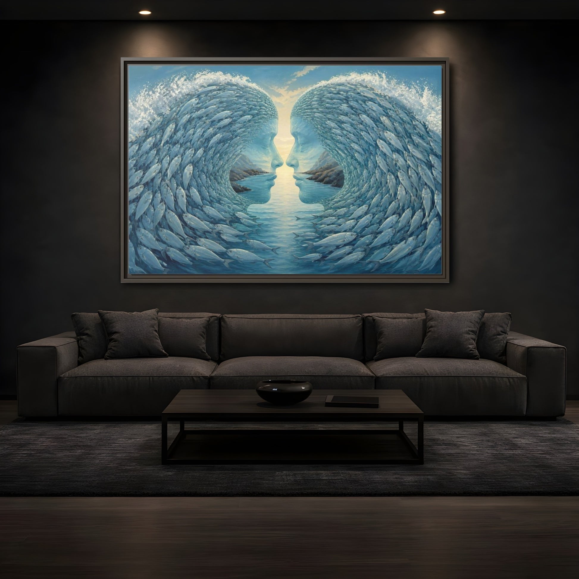 Mockup 3. Fish Wave Illusion shown as framed canvas print