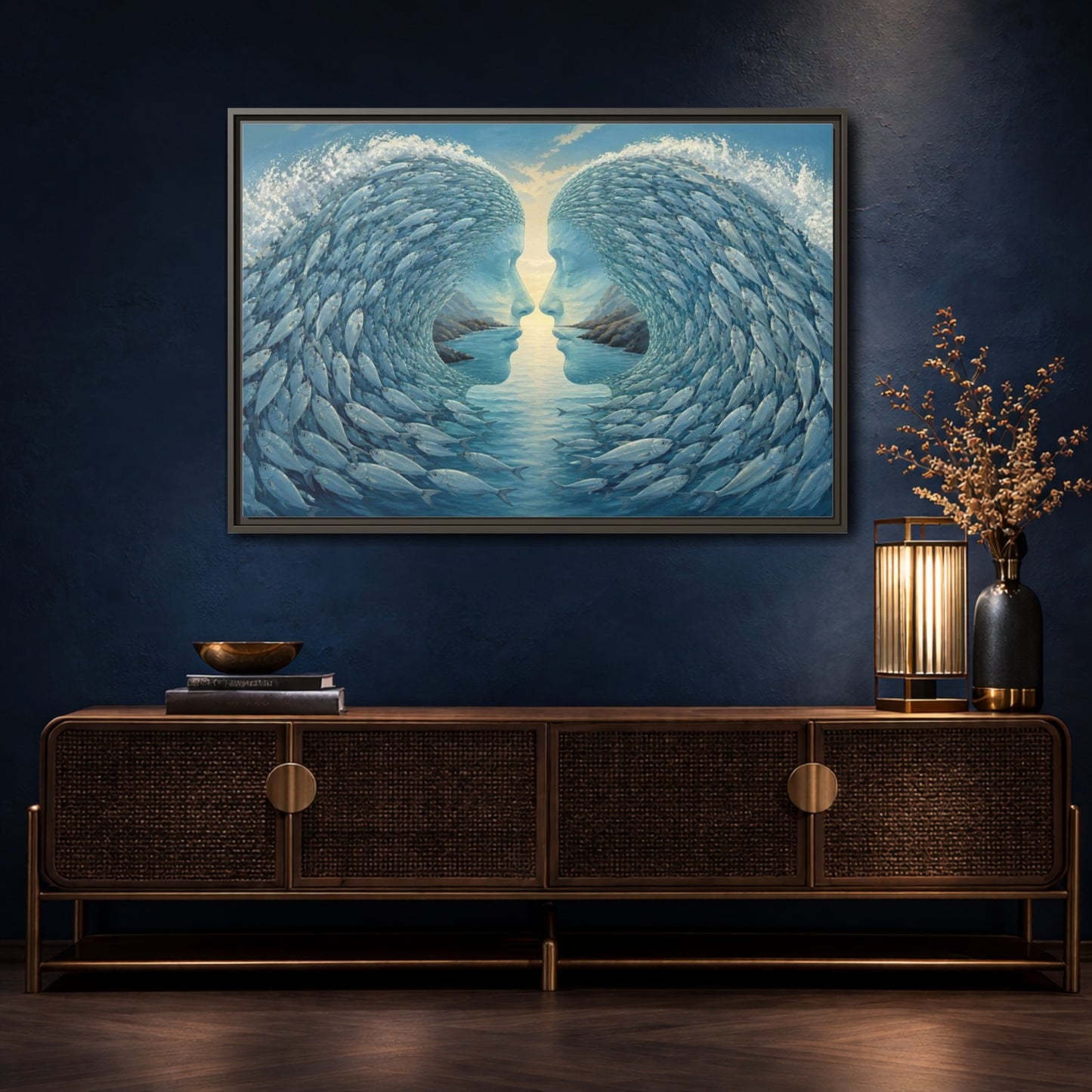 Mockup 4. Fish Wave Illusion shown as framed canvas print