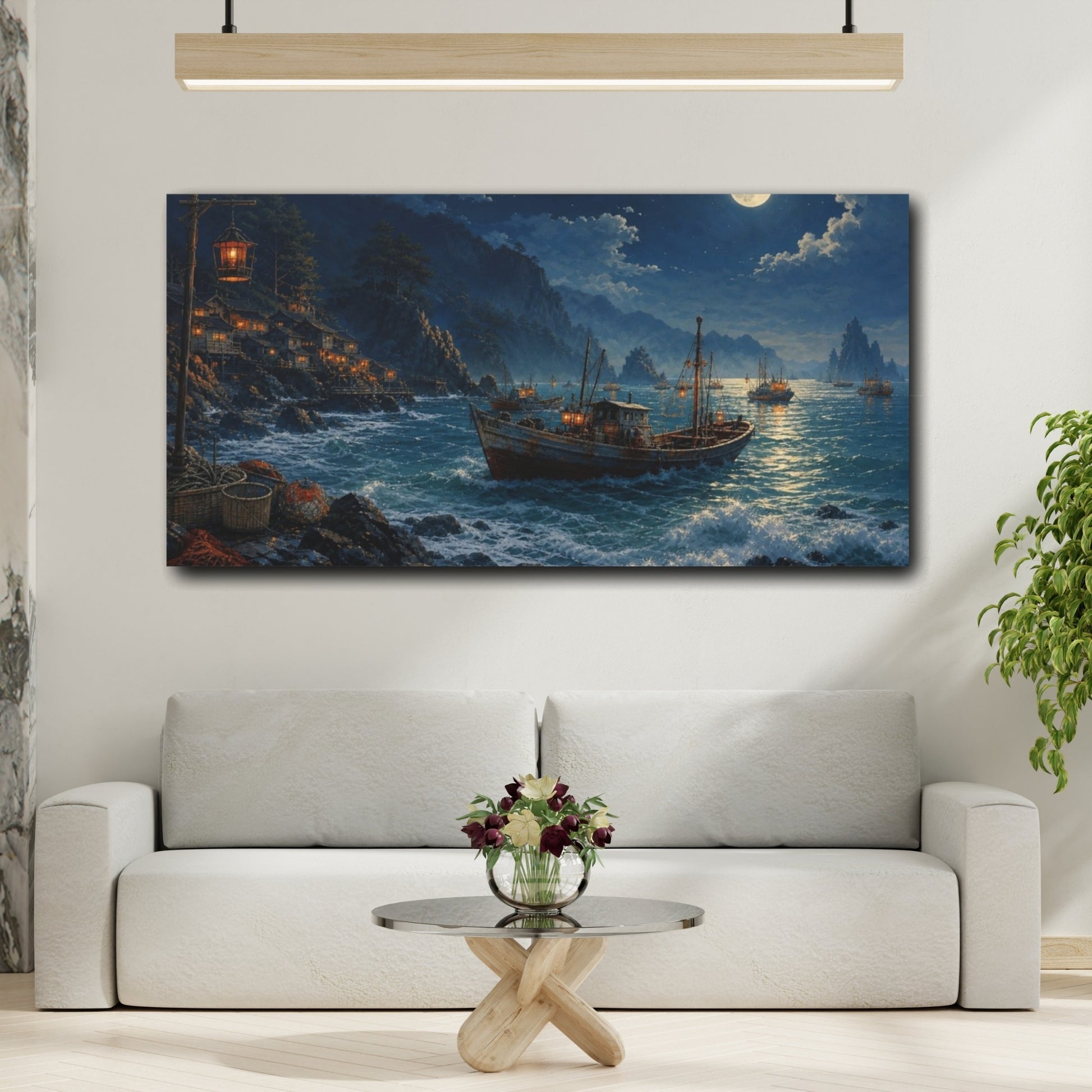 Mockup 2. Fishing Boat Nature Moonlit Seascape shown as canvas print