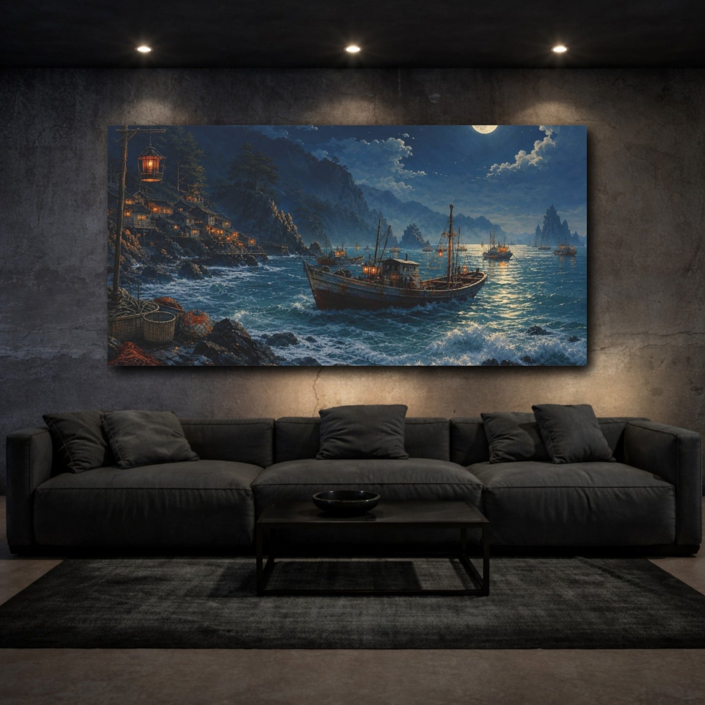 Mockup 3. Fishing Boat Nature Moonlit Seascape shown as canvas print