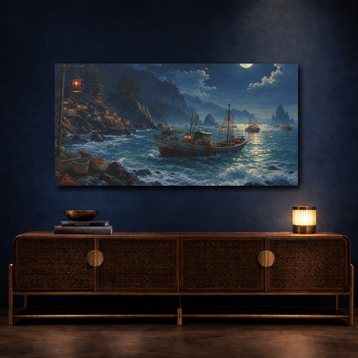 Mockup 4. Fishing Boat Nature Moonlit Seascape shown as canvas print