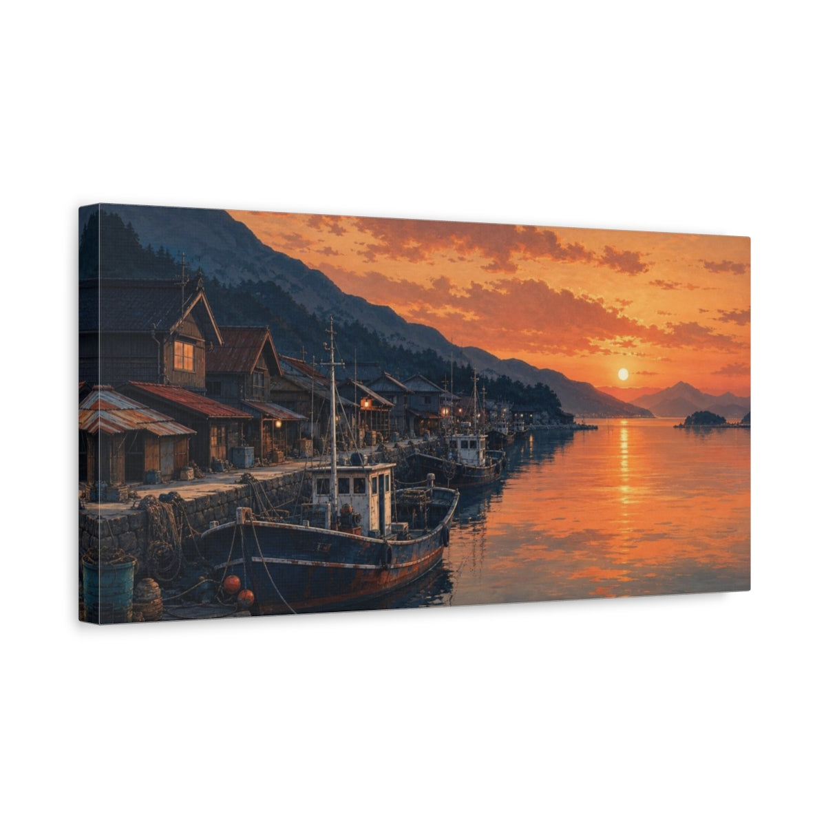 Side Mockup 3. Fishing Boats Vintage Sunset Harbor shown as canvas print