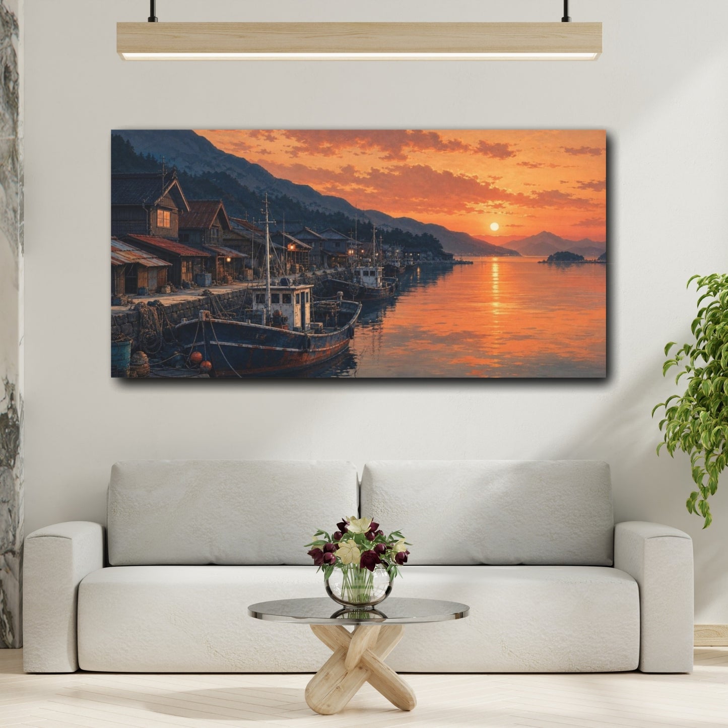 Mockup 2. Fishing Boats Vintage Sunset Harbor shown as canvas print