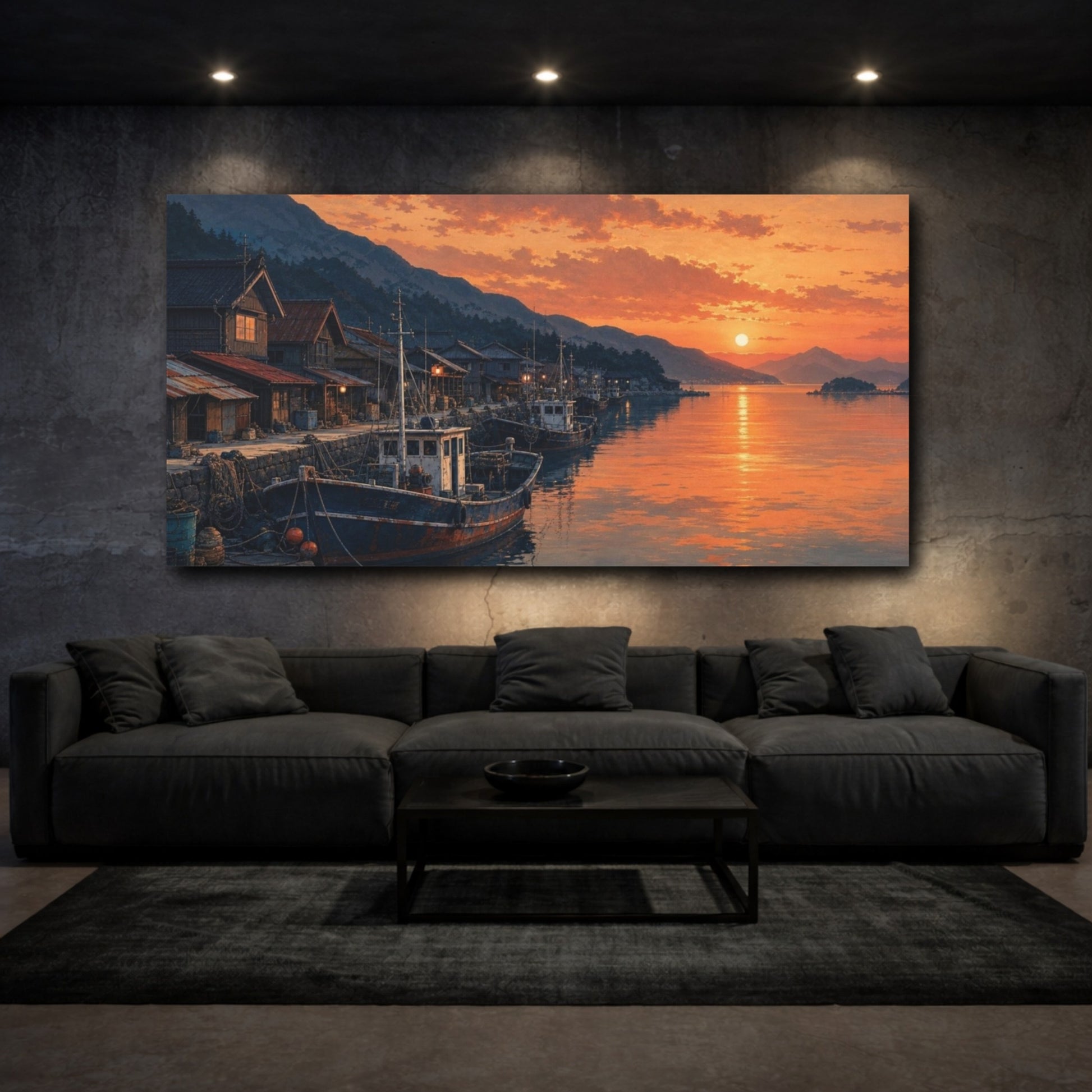 Mockup 3. Fishing Boats Vintage Sunset Harbor shown as canvas print