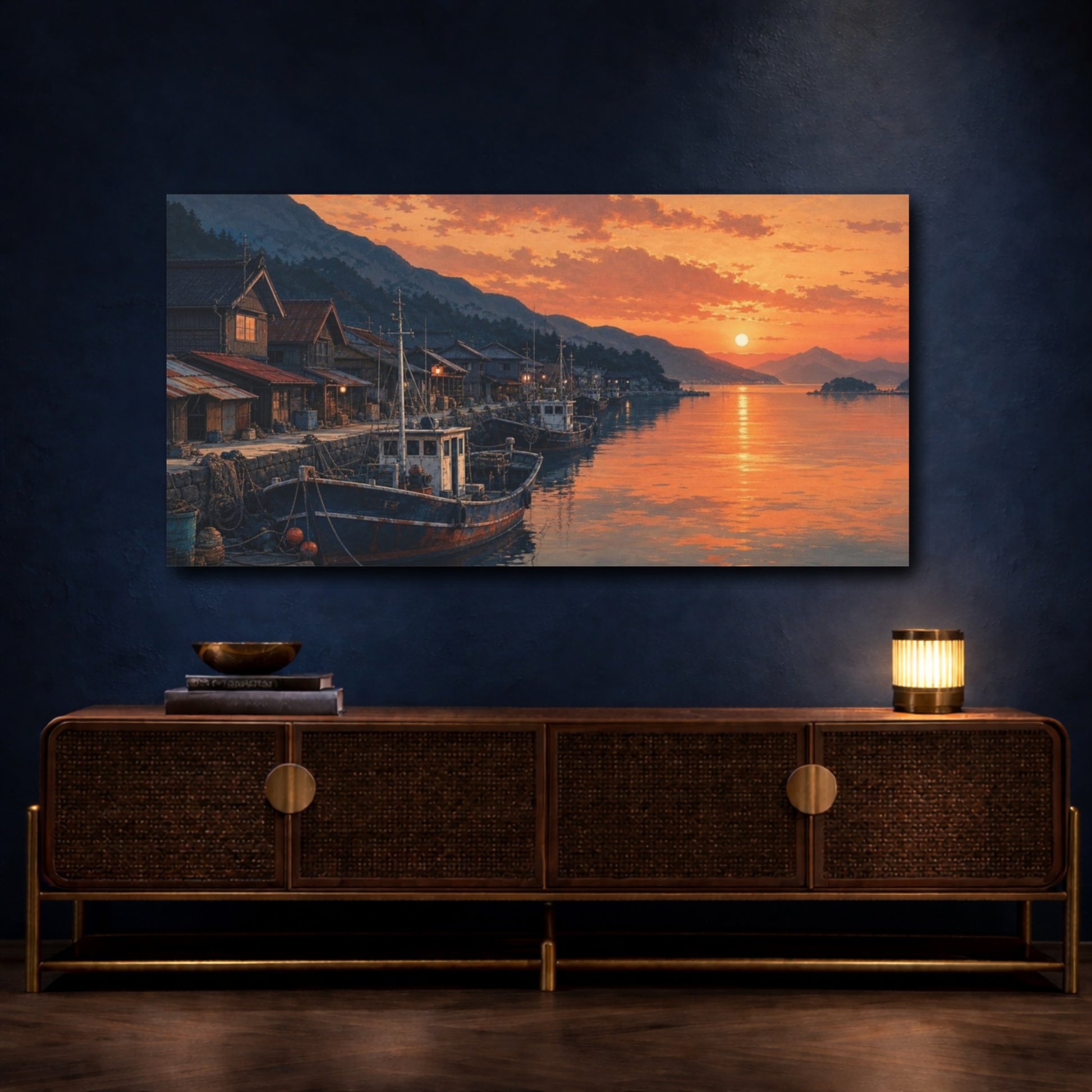 Mockup 4. Fishing Boats Vintage Sunset Harbor shown as canvas print